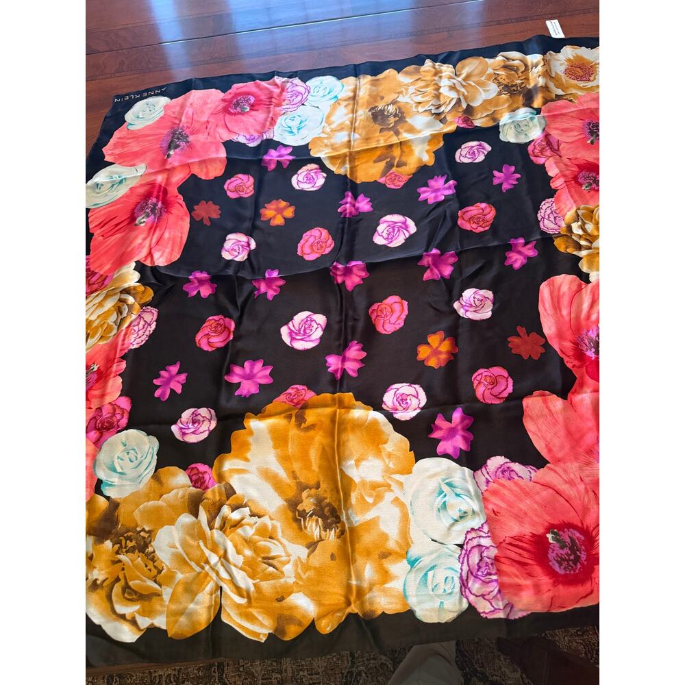 Vintage Anne Klein “For Collection” 100% Silk Square Scarf 34” Black Floral